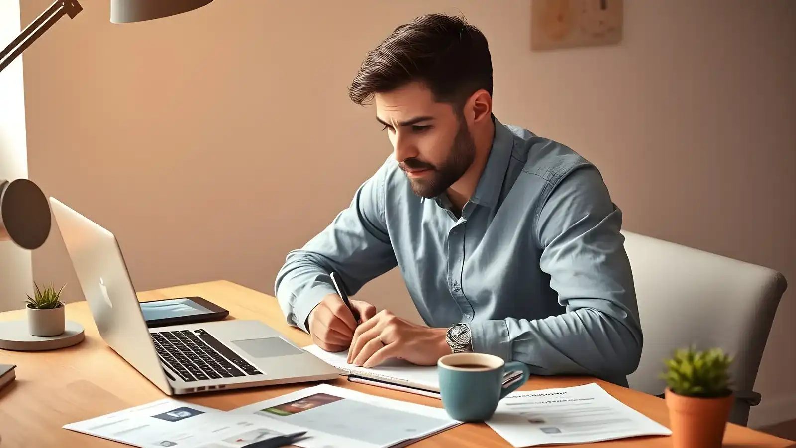 Mannelijke ondernemer die nadenkend werkt aan social media contentplanning, met laptop, notitieboek en verspreide aantekeningen op een modern bureau, geconcentreerd en vastberaden.