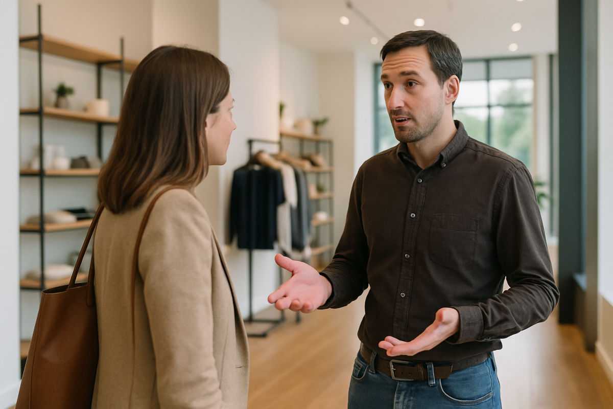 Twee mensen in een winkel, waarbij de ene persoon de andere ‘koud’ aanspreekt, als metafoor voor zichtbaar zijn op social media