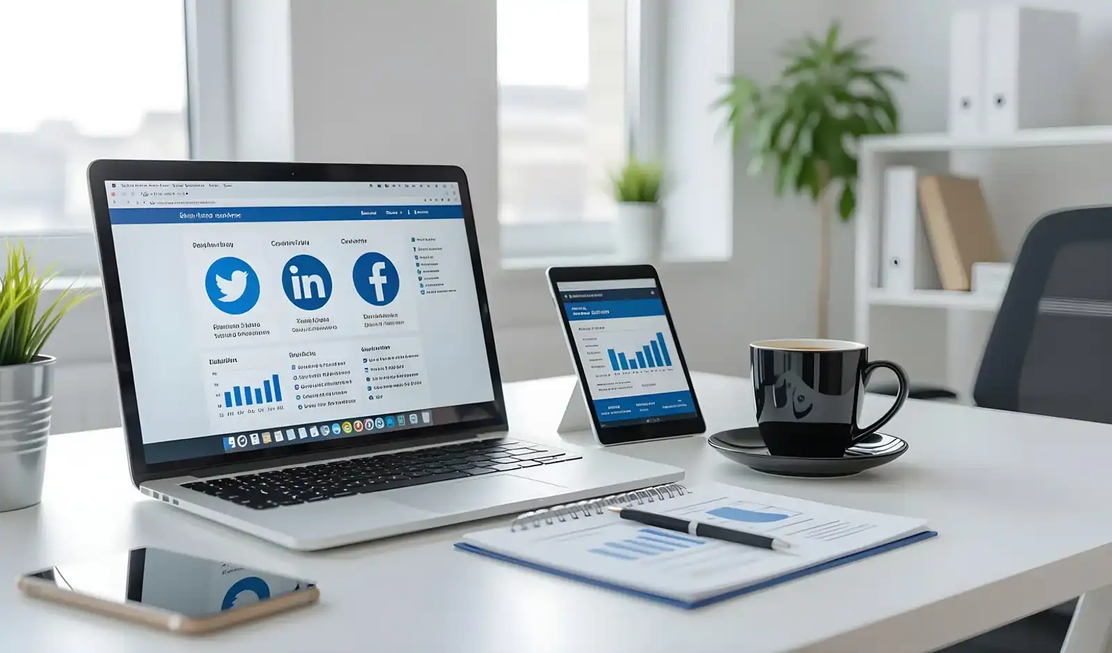 Illustratie van een moderne werkplek met laptop en tablet, een contentkalender en social media iconen. Symboliseert digitale strategie, contentplanning en online zichtbaarheid voor ondernemers.