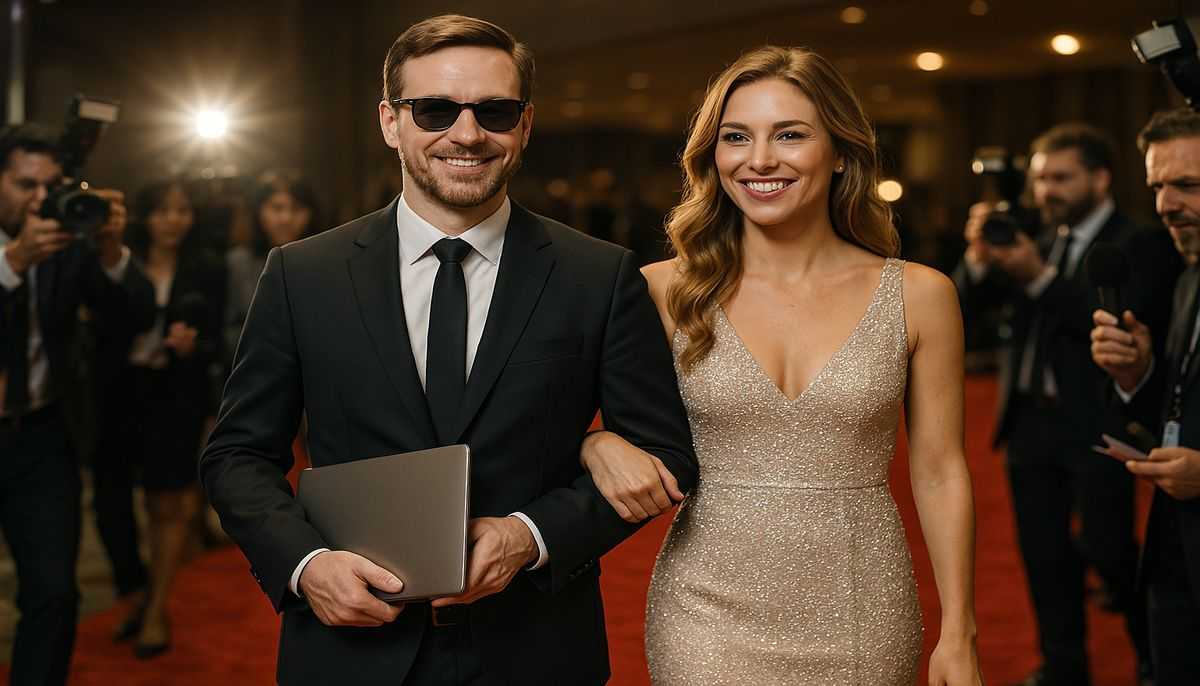 Ghostwriter with a laptop on the red carpet, while a celebrity holds their arm. This reflects the misconception that ghostwriters only work for celebrities.