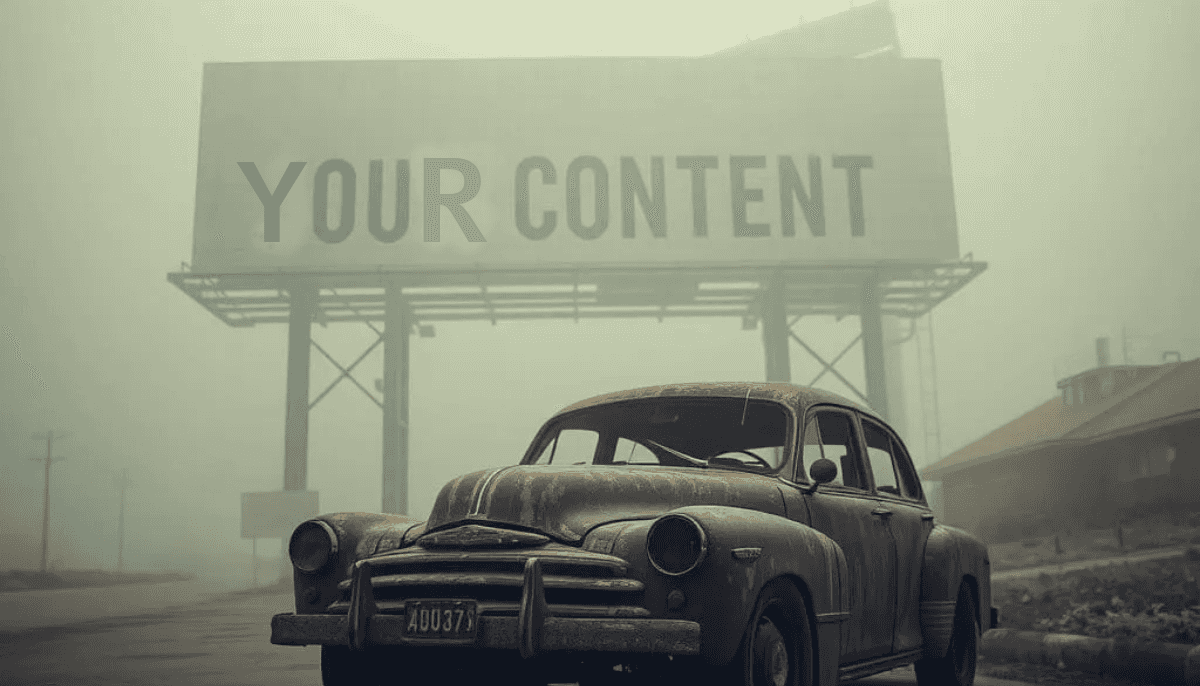 Abandoned billboard in an empty street with an old, broken car, symbolizing the importance of visual content in an effective content strategy.
