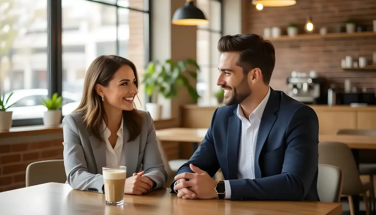 Ondernemer in gesprek met ideale klant Een ondernemer voert een inspirerend gesprek met een ideale klant in een moderne werkruimte, koffie op tafel, warme en uitnodigende sfeer. Professioneel portret, realistisch, hoge resolutie.