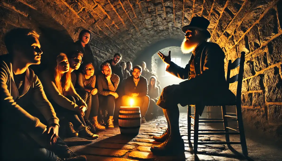 A mysterious storyteller in a dark cellar, surrounded by an engaged audience. The warm candlelight highlights the power of storytelling.
