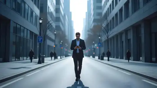 Illustratie van een eenzame professional in pak die op straat loopt en op zijn smartphone kijkt, omringd door moderne kantoorgebouwen. Symboliseert het moeilijk bereikbaar zijn voor de ideale klant en over het hoofd gezien worden.