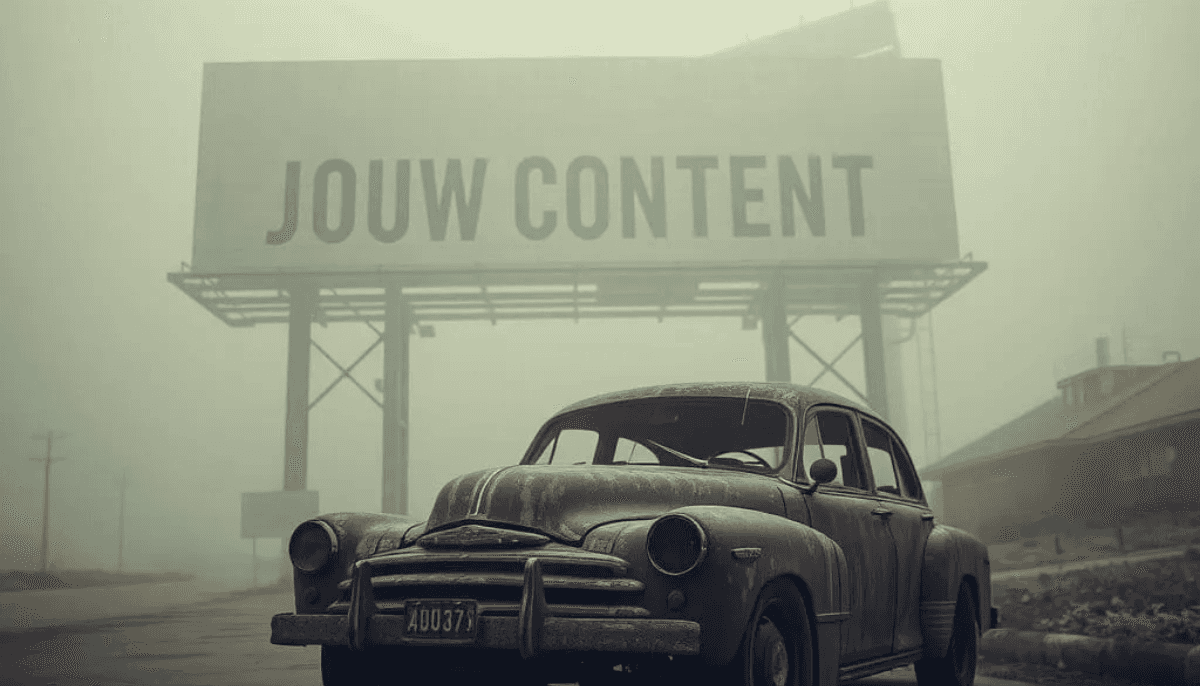 Verlaten billboard in een lege straat met een oude, kapotte auto, symboliseert het belang van visuele content in een slimme contentstrategie.