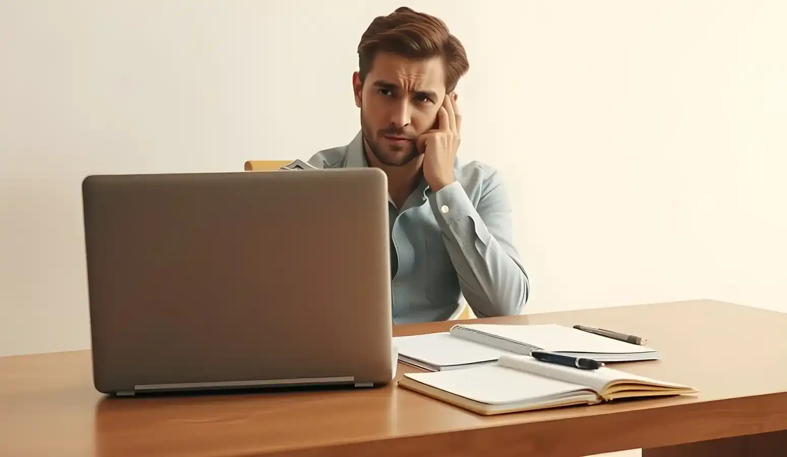 Kleine ondernemer die nadenkt over strategie aan een bureau met laptop en notitieboek, reflecterend op lage klantenactiviteit