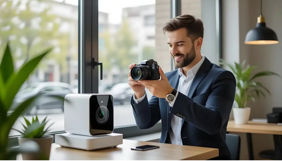 Ondernemer bezig met visuele storytelling Illustratie van een ondernemer die als fotograaf werkt, met een scherp oog voor detail, sfeer en verhaal, om content en visuele storytelling te creëren.