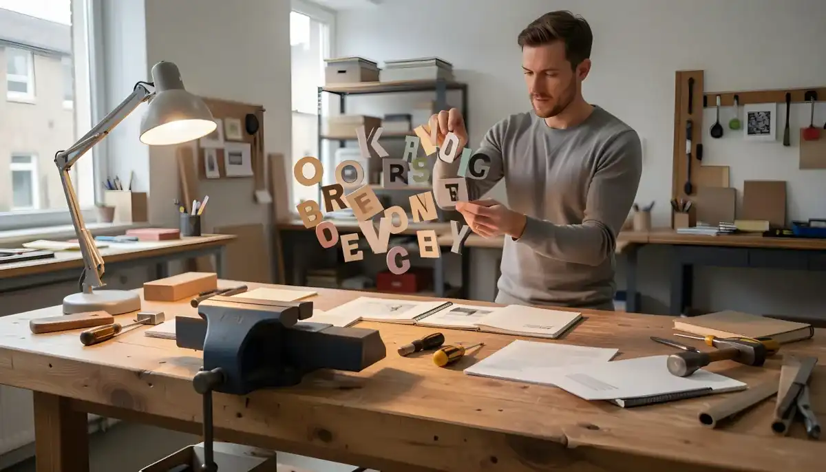 Workbench: shaping typographic letters into a story Modern workshop with a large wooden workbench, a person shaping typographic letters on the bench into a story, warm desk lamp lighting, professional and realistic