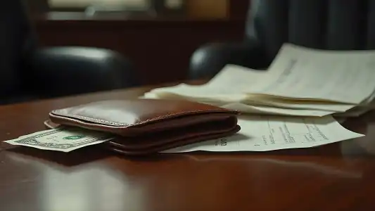 Illustratie van een lege portemonnee met enkele biljetten naast een stapel onbetaalde facturen op een bureau, symboliseert frustratie en het niet op waarde geschat worden.