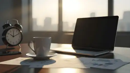 Illustratie van een kantoorwerkplek met lege koffiekop, laptop en verspreide papieren, symboliseert onbenut potentieel, overwerk en gemiste kansen. Sfeervol, modern en professioneel met een klok die late uren aangeeft.