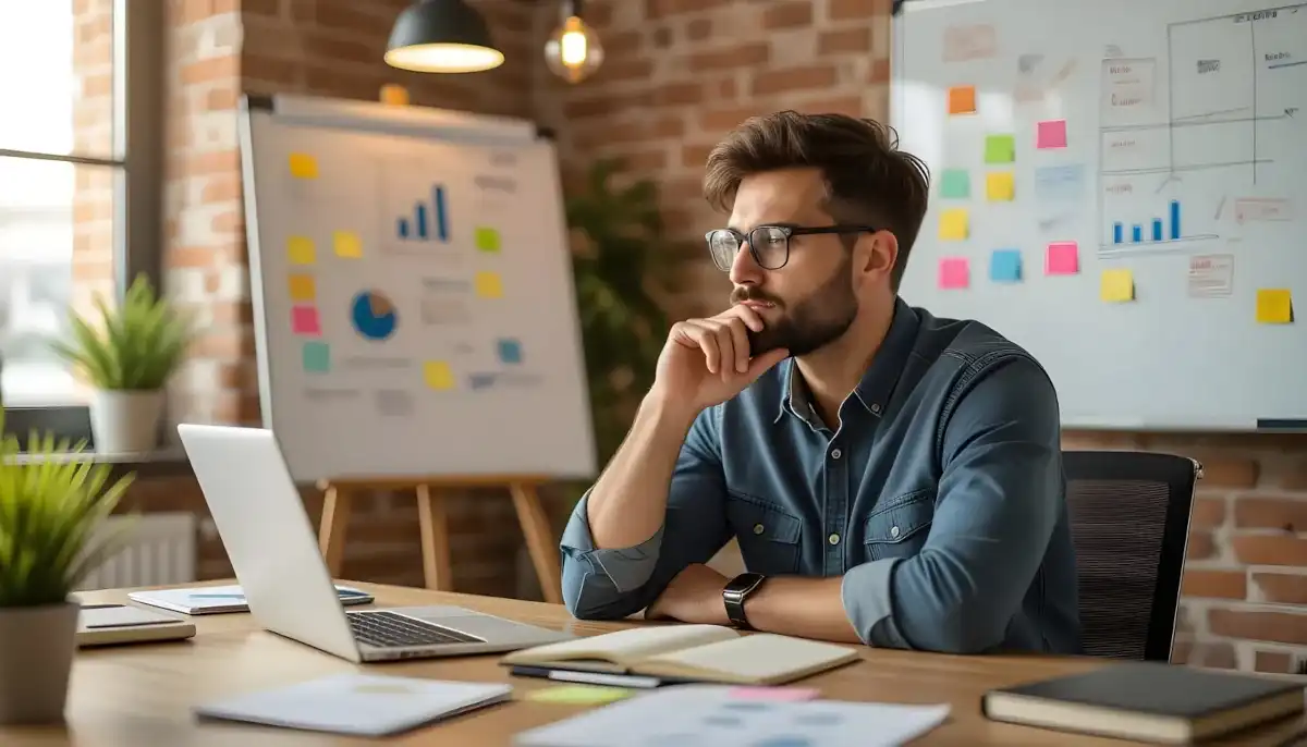 Ondernemer werkt geconcentreerd aan strategie Illustratie van een ondernemer die geconcentreerd werkt aan social media strategie op een modern bureau met laptop, notitieboek en verspreide aantekeningen.