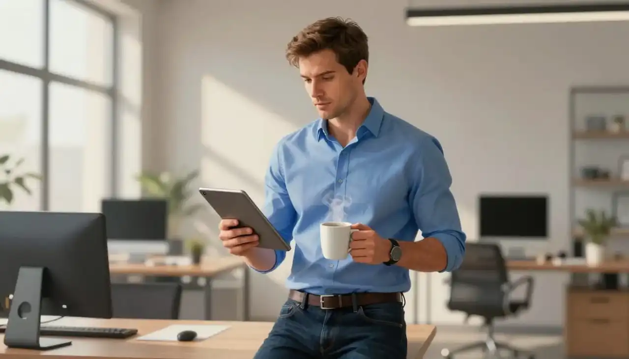 Een ondernemer die relaxt me een koffie en een tablet in zijn kantoor staat